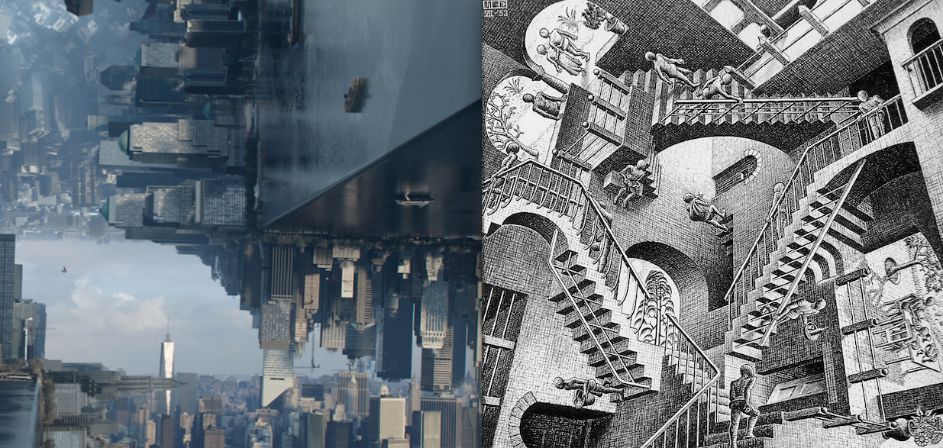 中,都不乏重力错乱颠倒的奇幻空间,这些场景多少都有埃舍尔作品的影子