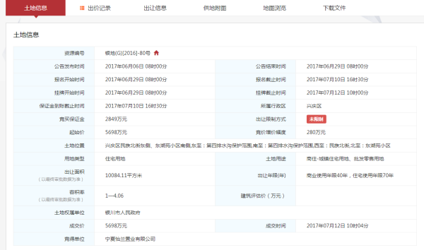 怡兰北塔美居地块土地交易信息截图