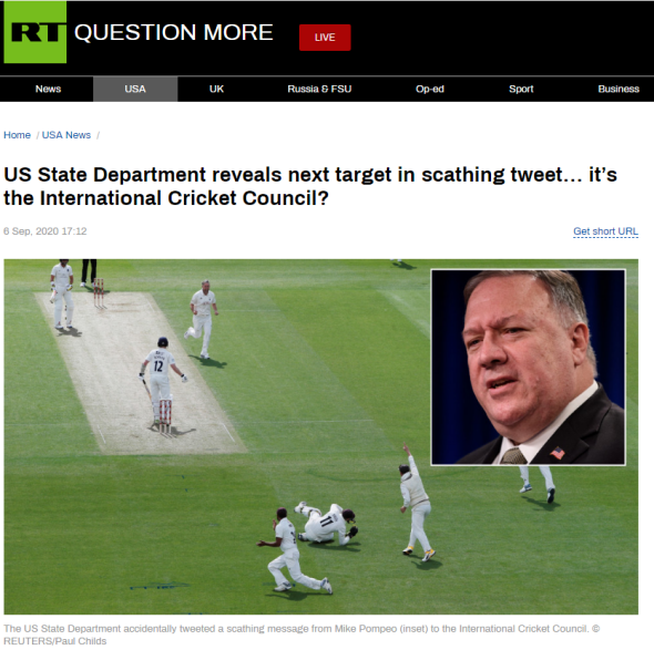 RT：美国国务院在严厉的推文揭露的下一个目标是国际板球理事会？