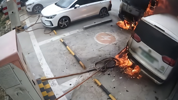 東莞一電動汽車充電起火3臺車被燒成空殼