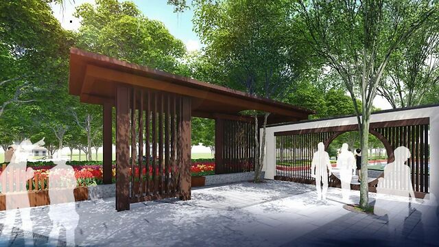 泉小区两侧“口袋公园”廊架效果图清泉小区两侧“口袋公园”景墙效果图