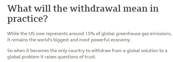 △英国广播公司网站发表的一篇文章称,美国排放的温室气体占全球排放量的15%,其退出《巴黎协定》给全球减排事业造成了“信任问题”(图片来源:英国广播公司网站截图)