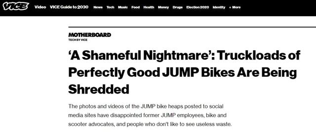 VICE报道， JUMP共享电单车被回收报废，让很多粉丝和不喜欢浪费的人感到失望