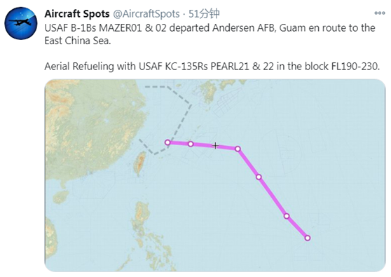 “飞机守望”11月17日公布的美军B-1B战略轰炸机飞行路线