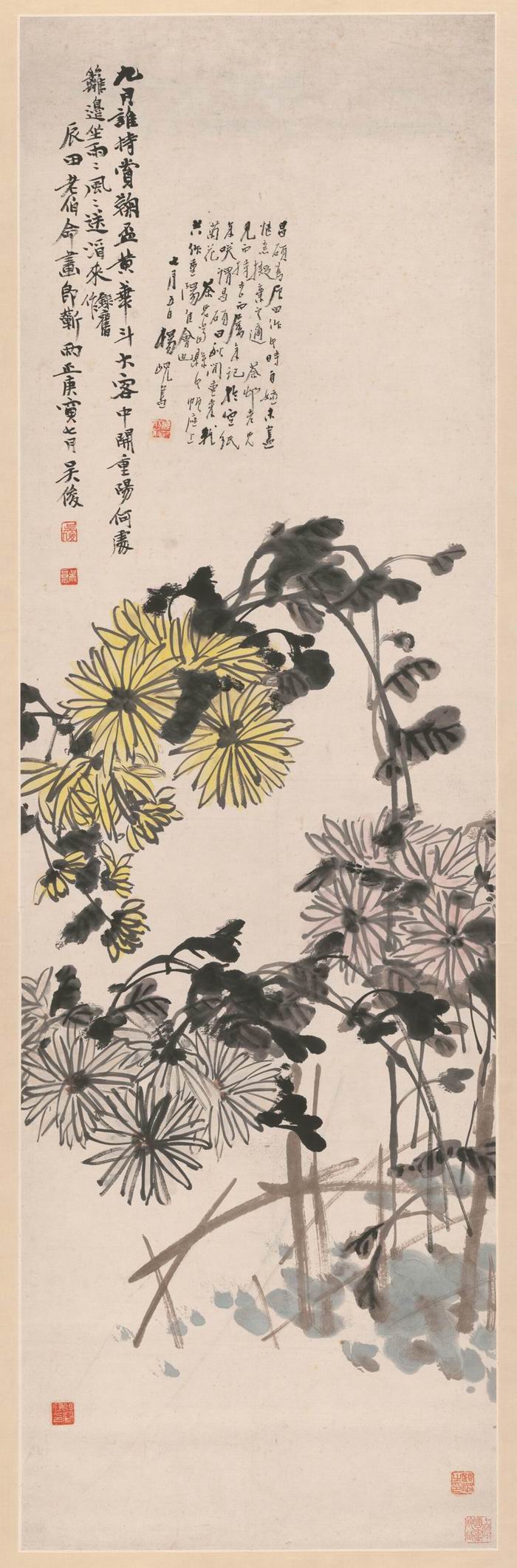 吴昌硕 重阳画菊 纸本设色立轴 134x41.5cm 上海中国画院藏