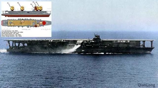 图20. 中途岛海战中第一艘被击沉的航空母舰“加贺”号，高间完当时正担任护航的“榛名”号战列舰舰长