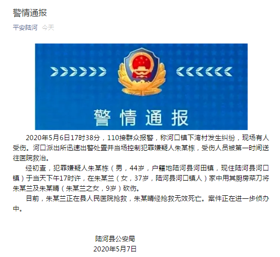 广东陆河44岁男子持菜刀砍伤两母女 9岁女童不幸身亡