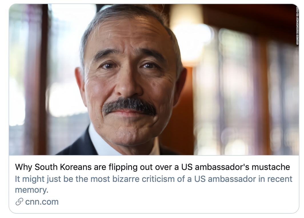 美驻韩大使因留胡子被韩国人炮轰：日式髭须侮辱韩国！