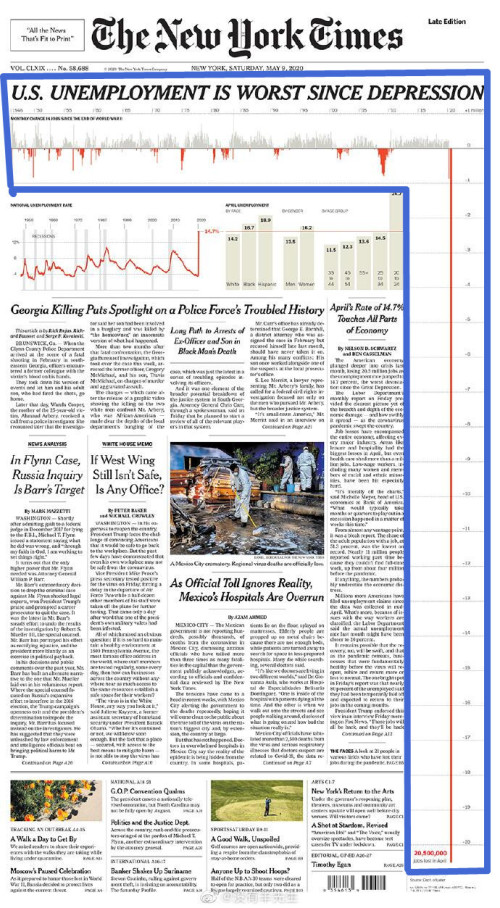 纽约时报头版展示美国失业率变化 结果版面都要塞不下来