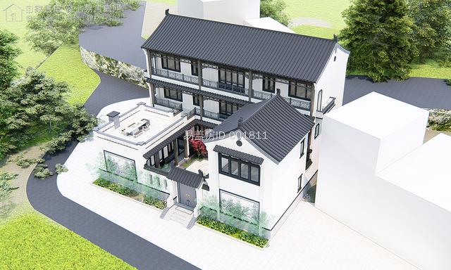 东侧效果图 建筑为中式风格的三合院形式,立面采用白色真石漆,搭配