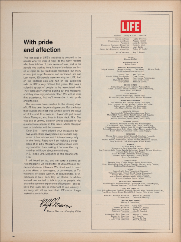 1972年12月29日，最后一期周刊形式的《生活》杂志最后一页。