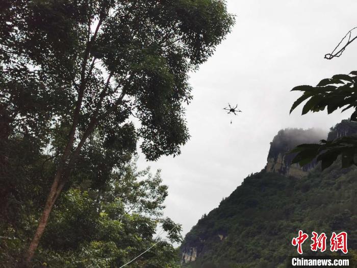 5G+无人机助力防汛通信设施抢修保障 无人机将光缆牵引线送往目的地 王政 摄