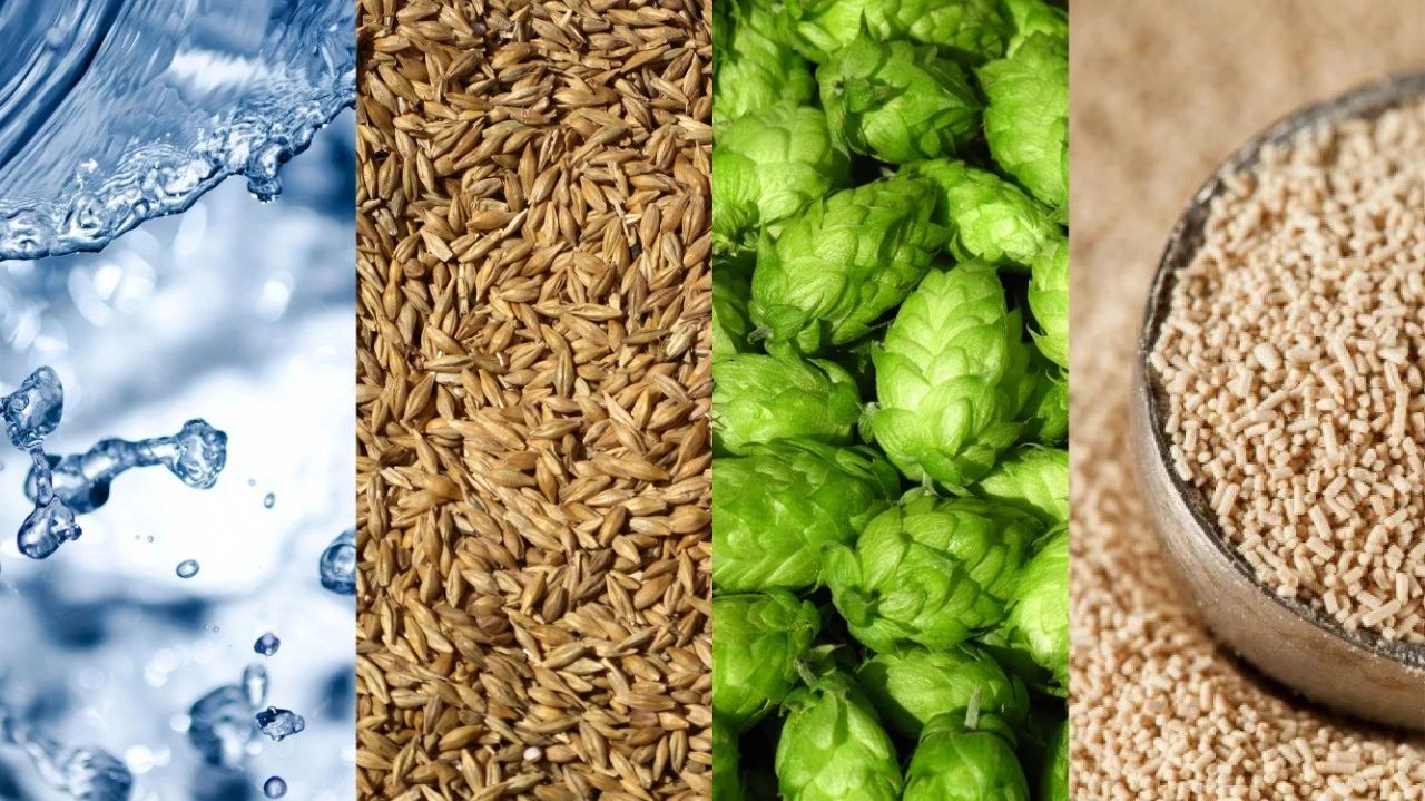 啤酒的酿造原料为:水,麦芽,啤酒花,酵母.