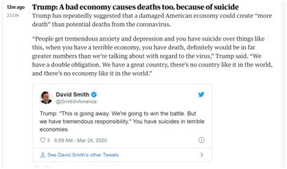 特朗普：美国经济糟糕导致的死亡人数会比因病毒死亡多