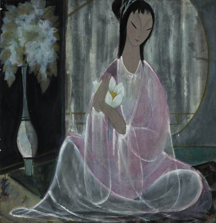 林风眠，《捧白莲红衣仕女》，中国画，68x65cm，中华艺术宫藏