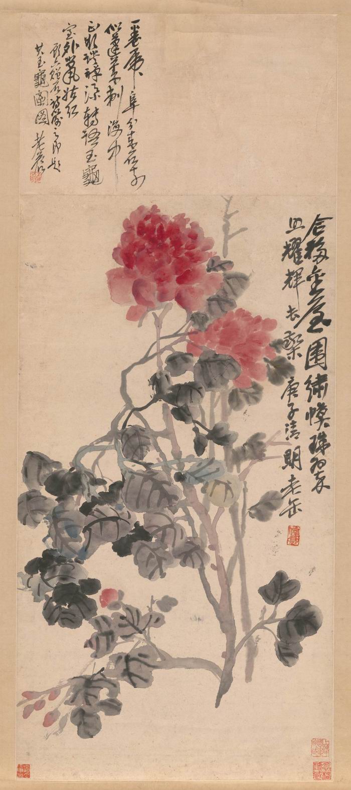 吴昌硕，《牡丹》，纸本设色立轴，74×40cm，上海中国画院藏