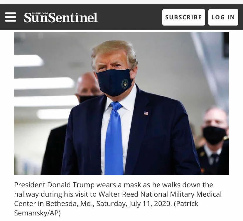 这是美国总统遵从健康官员的建议,首次在公众场合戴上口罩,以防止