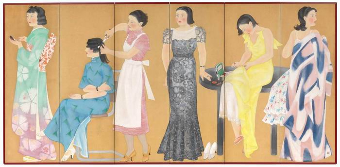 Taniguchi Fumie 《出行准备》1935年 六屏屏风