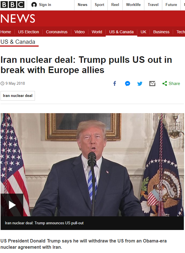 ▲2018年5月，美国退出伊朗核协议。