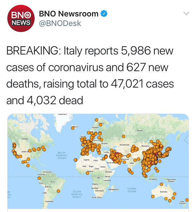 意大利单日新增确诊5986例，累计死亡4032例