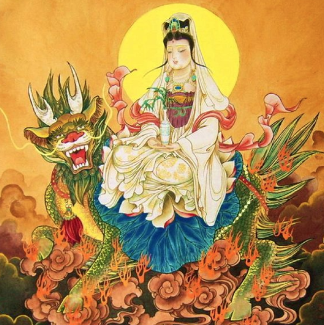 观音菩萨的坐骑是金毛犼,他的外形看起来像犬,但不是犬,金毛犼凶猛