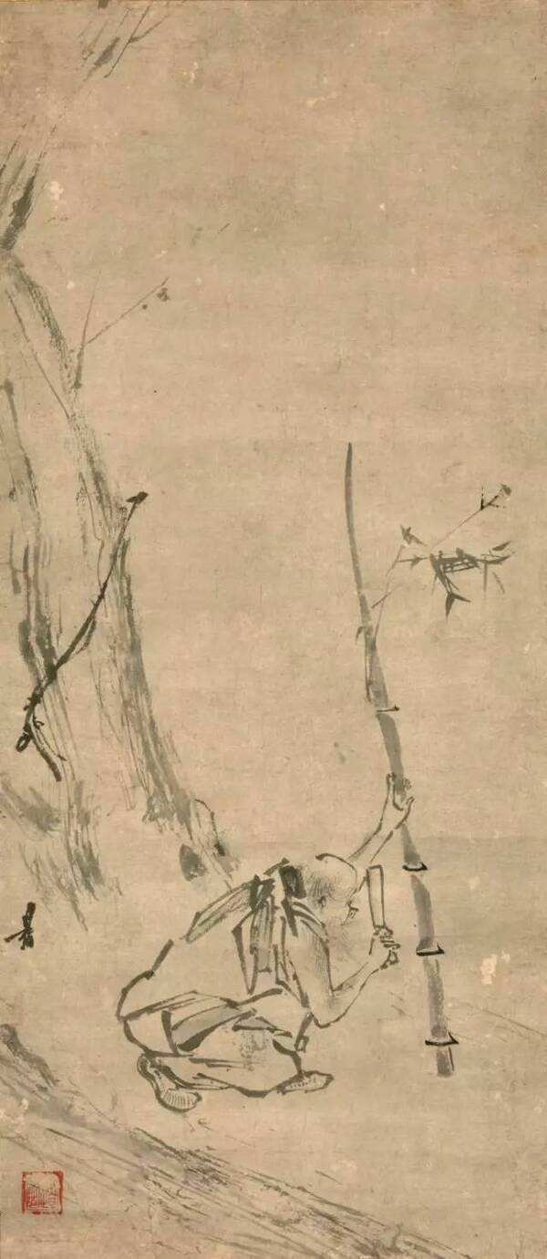 图9 南宋,梁楷,《六祖斫竹图》,纸本墨笔,轴,73x31.8厘米,东京国立博物院藏。