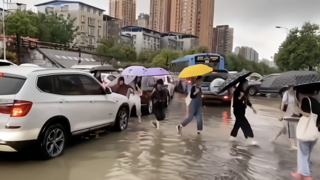 四川广元一夜暴雨致城区积水严重，市民调侃：划船上班