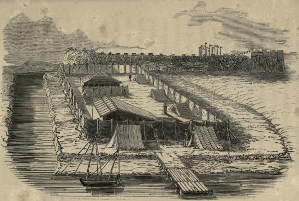 琦善和义律见面的营地,E. T. Wigan绘,载约翰·奥克特洛尼(John Ouchterlony)著《中国战争》(<em>The Chinese War</em>),1844年出版。