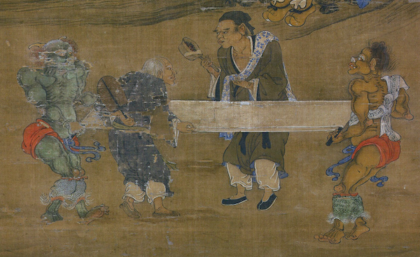图14南宋,淳熙十二年(1185),周季常,《五百罗汉图》之《火熨斗》(局部),112.5x53.2cm,轴,绢本设色,大德寺藏。