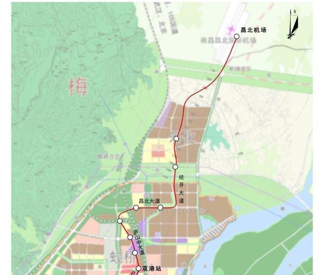 其中北延線南起雙港站,沿廬山中大道,昌北大道,經開大道,規劃贛新大道