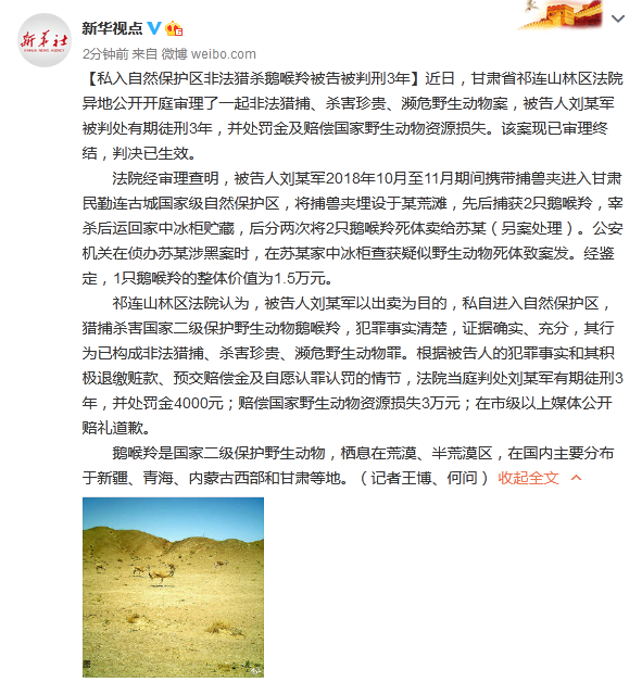 私入自然保护区非法猎杀鹅喉羚被告被甘肃省祁连山林区法院判刑3年