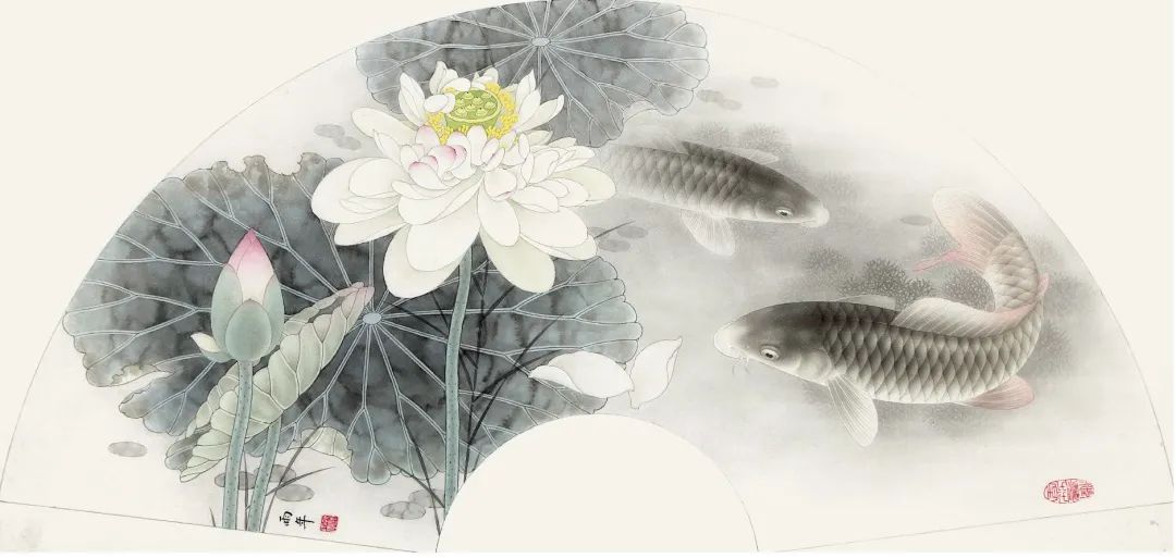 扇画技法|《荷花鲤鱼》步骤详解