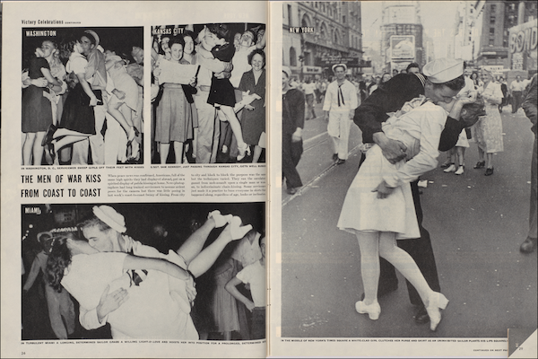 阿尔弗雷德·艾森斯塔特拍摄的水兵亲吻护士的照片（右页），作为庆祝二战胜利的系列，以一整版刊登于1945年8月27日《生活》杂志。