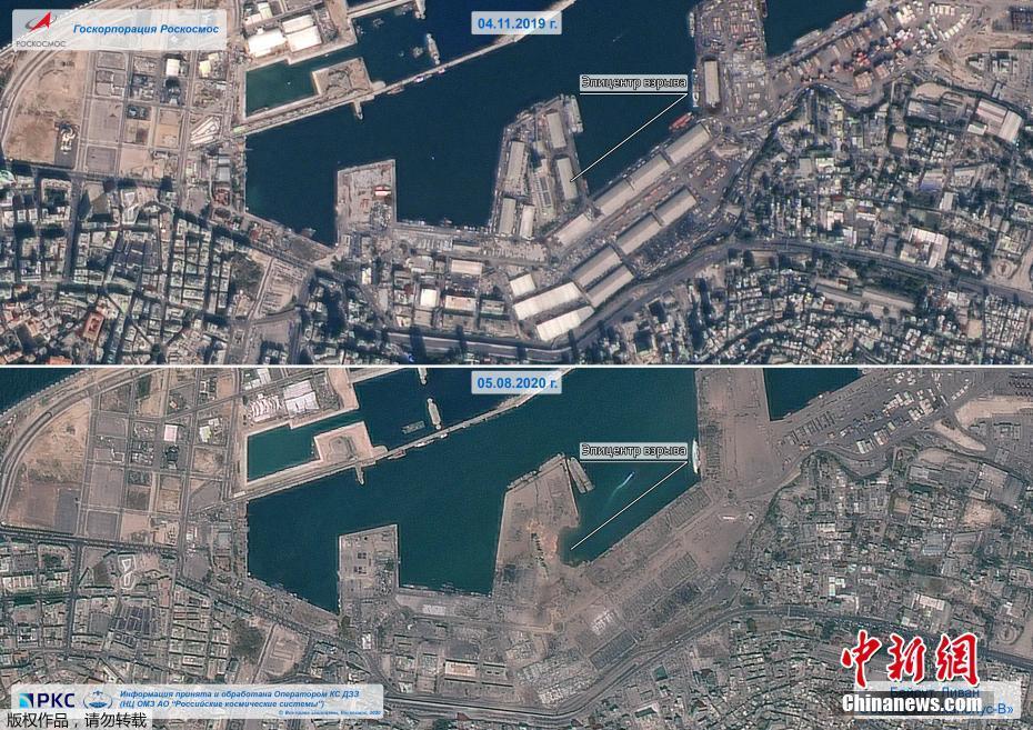 上图为贝鲁特港口昔日航拍图,下图为爆炸后的航拍图,港口附近被夷为平地。