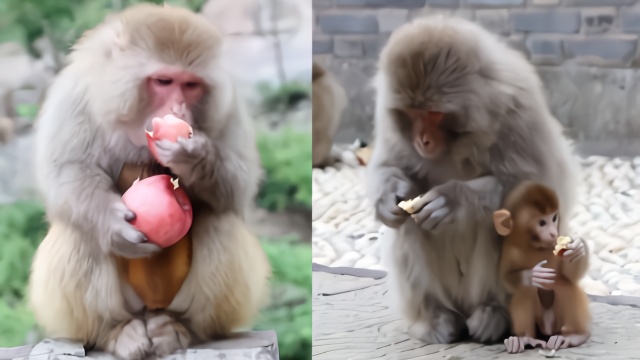 河南一景区为千只猕猴妈妈过母亲节，摆苹果花生祝母子平安