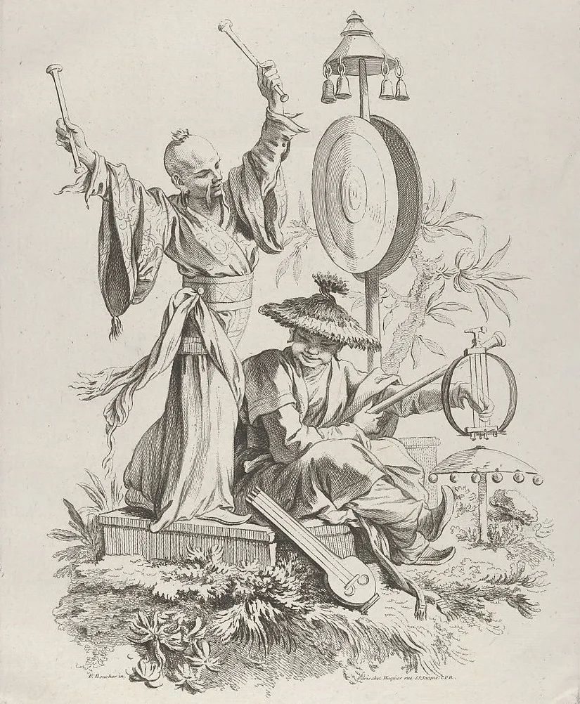 图15布歇绘,于基埃刻《五感的寓言》铜版画之二:听感,1740,大都会