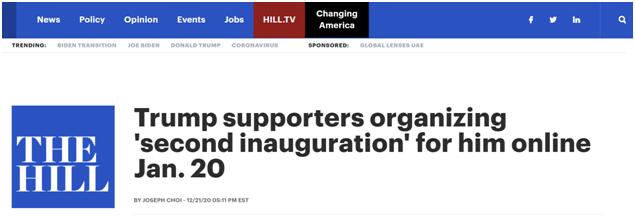 《国会山报》：特朗普的支持者将于1月20日在线上为他组织“第二次就职典礼”