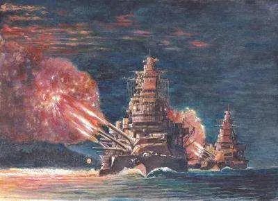 图5. 1942年10月13日，金刚号与榛名号两舰率先炮击瓜岛亨德森机场，陆军马鹿夸奖其“胜过野炮千门”