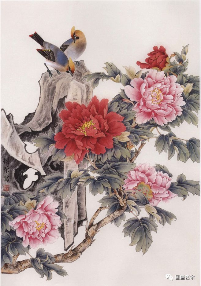 书画联盟丨图文教程工笔花鸟太平牡丹梅花山喜鹊画法步骤