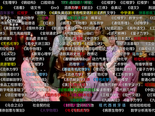 当《红楼梦》中贾母问黛玉“读过什么书”，随即各科专业书目的名称将屏幕遮得严严实实。