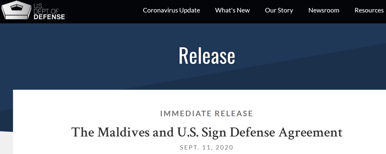 美国国防部：马尔代夫和美国签署防务协议