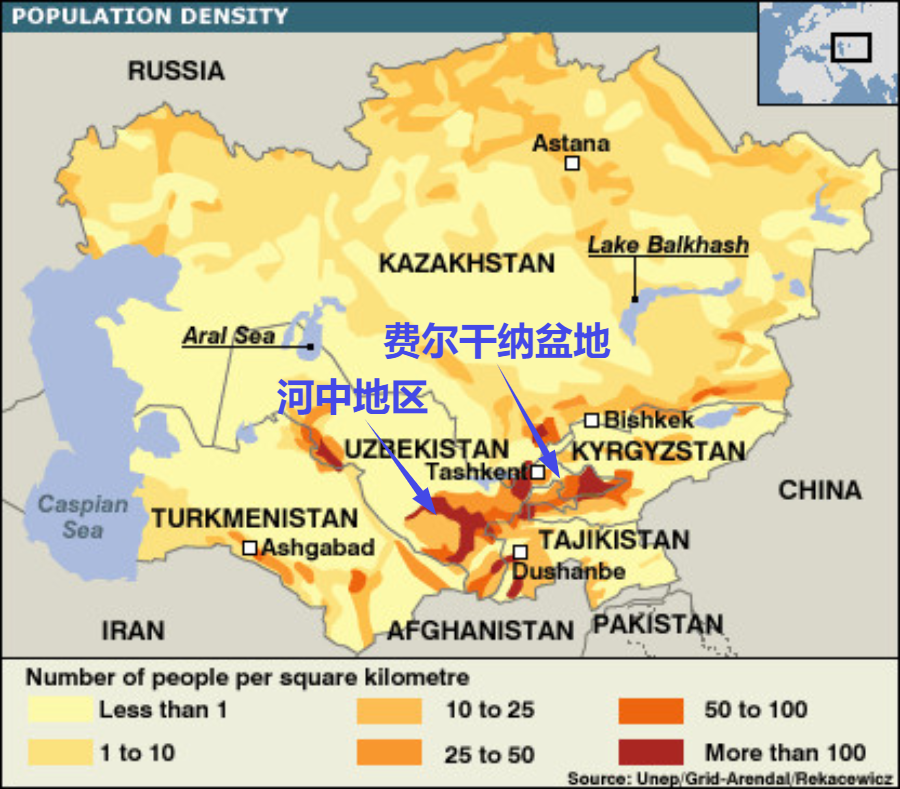 中亚的人口密度图,人口主要集中在费尔干纳盆地和河中地区,均乌于