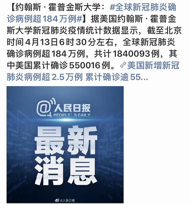 全球新冠肺炎确诊病例超184万例,共计1840093例,其中美国累计确诊