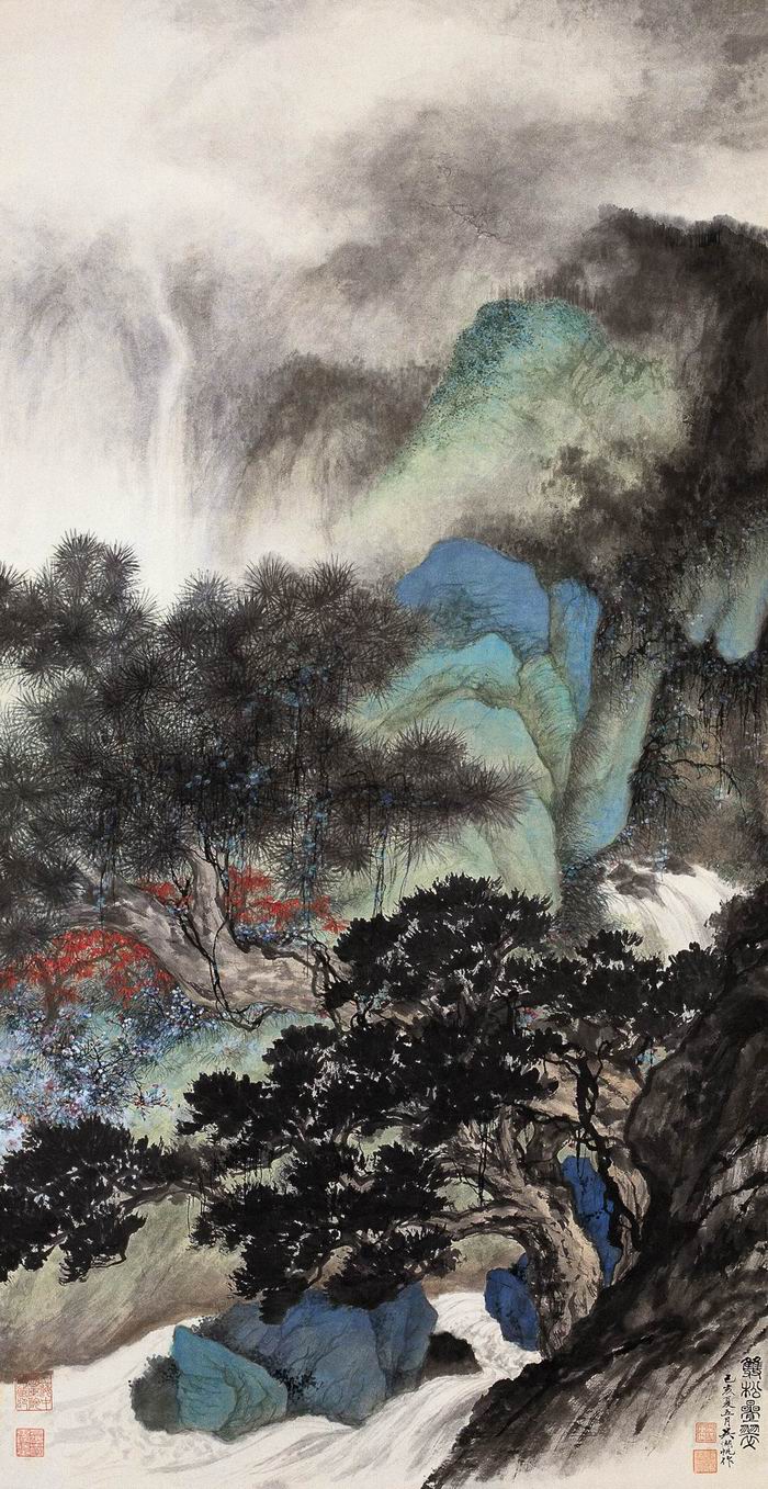 吴湖帆，《双松叠翠》，纸本设色镜片，133x68.5cm，上海中国画院藏