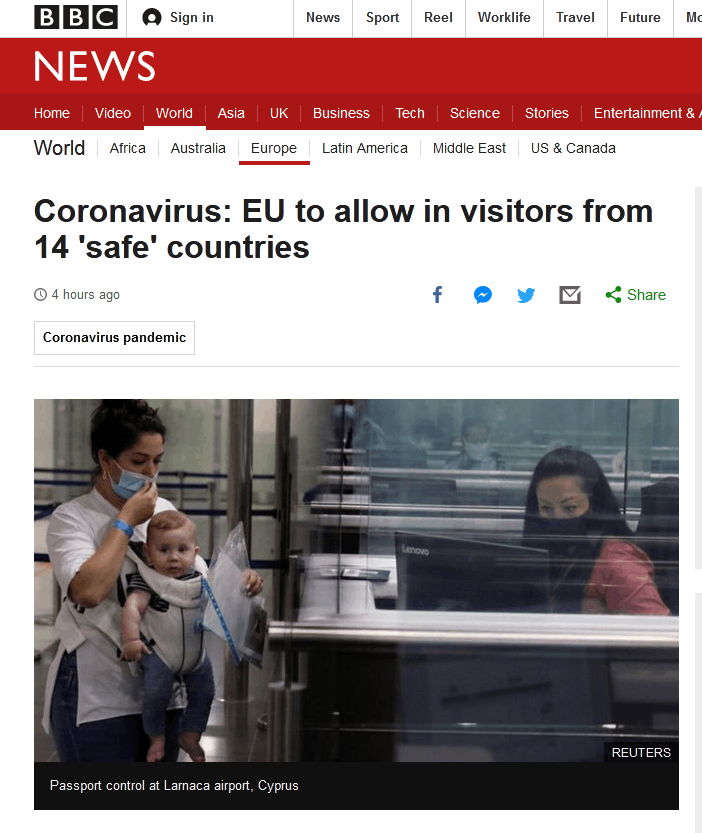 BBC:欧盟将允许14个“安全”国家的旅客入境