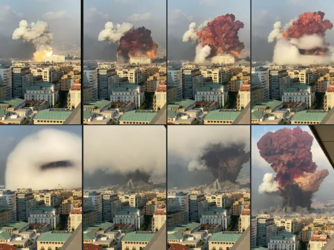 （图说：从贝鲁特港口附近一座办公楼内拍摄的视频，多张截图还原了爆炸过程。图/AFP）
