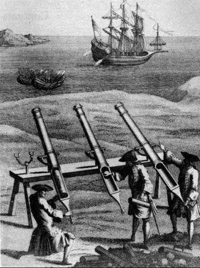 使用佛郎机炮进行抵挡的欧洲人,近岸边的两艘小船可能是大明水师在