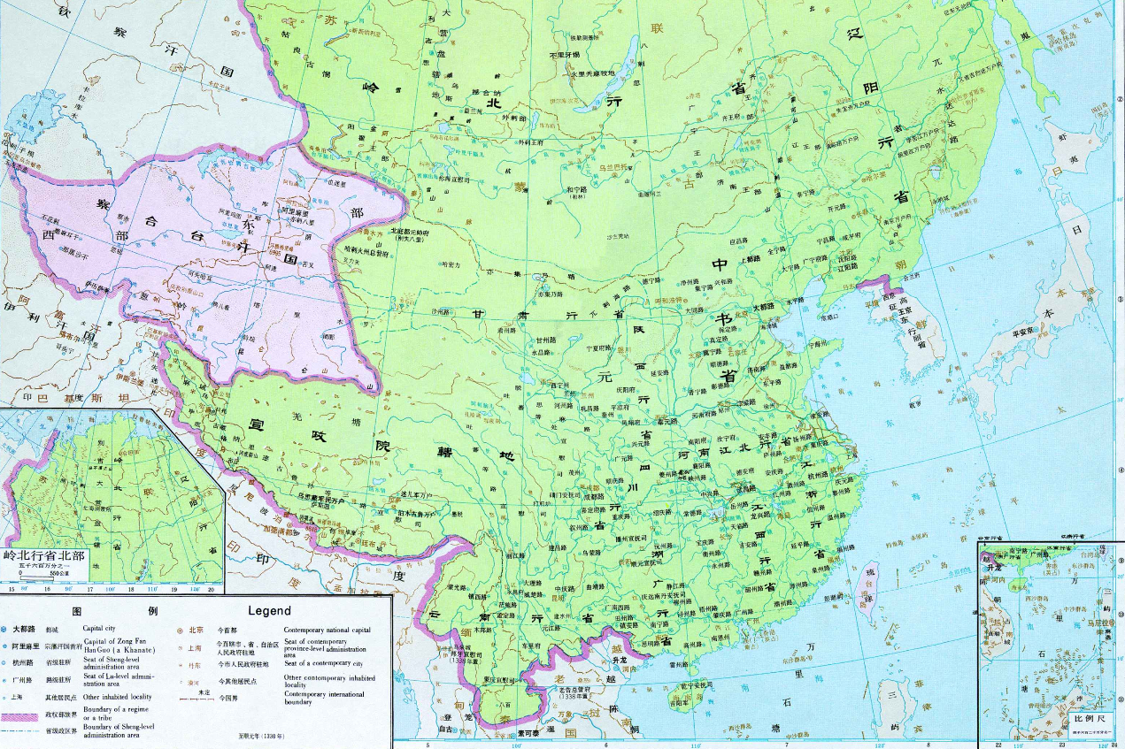 除了今天青海,西藏,四川西部等归宣政院管理外,将全国从原来的7个行省