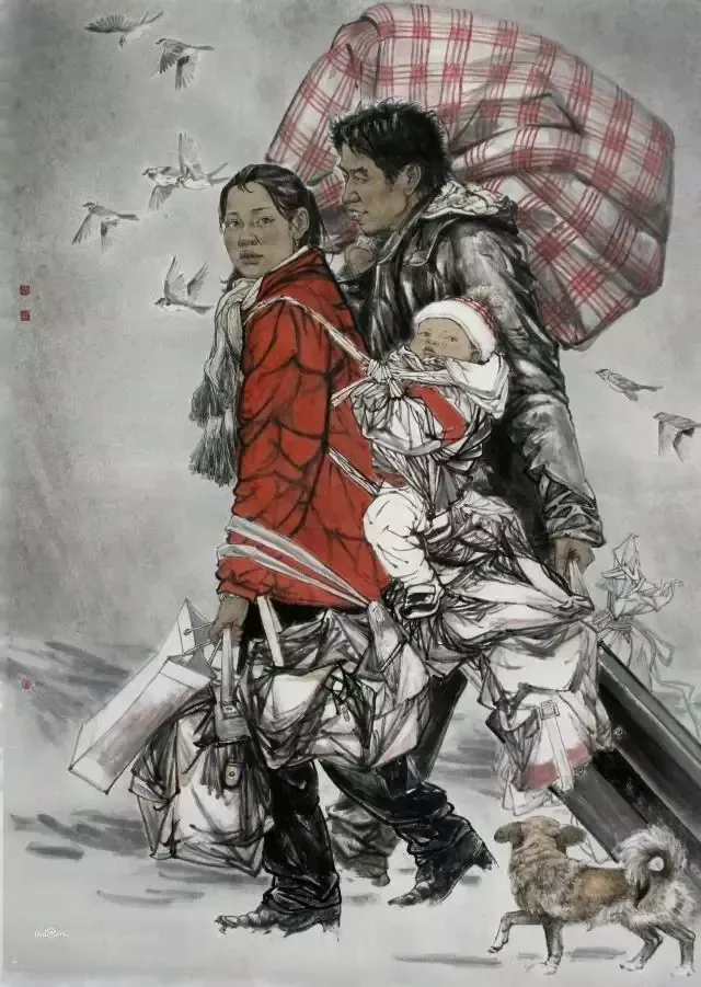 《回家过年》中国画 刘艺青