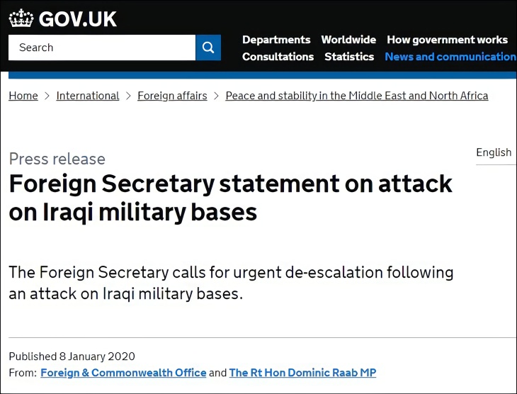 英、德谴责伊朗袭击驻伊美军基地